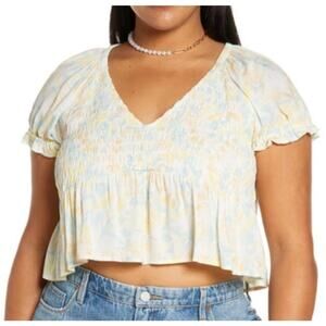 NWT BP. Size 1X Plus Size Babydoll Shirred Crop Top Teal-Ivory Zel Floral Crop‎